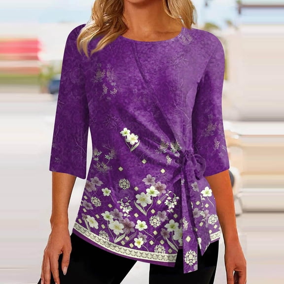 BEFOKA Womens Tops 3/4 Long Sleeve Shirts for Women Fall Tops Dressy Casual Blouses Pleated Crew Neck Tunic Tops Bohemia Print Going Out Top Basic Tops Tshirts for Women