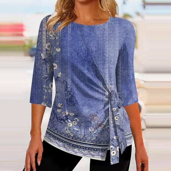 BEFOKA Womens Tops 3/4 Long Sleeve Shirts for Women Fall Tops Dressy Casual Blouses Pleated Crew Neck Tunic Tops Bohemia Print Going Out Top Basic Tops Tshirts for Women