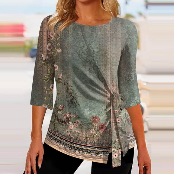 BEFOKA Womens Tops 3/4 Long Sleeve Shirts for Women Fall Tops Dressy Casual Blouses Pleated Crew Neck Tunic Tops Bohemia Print Going Out Top Basic Tops Tshirts for Women