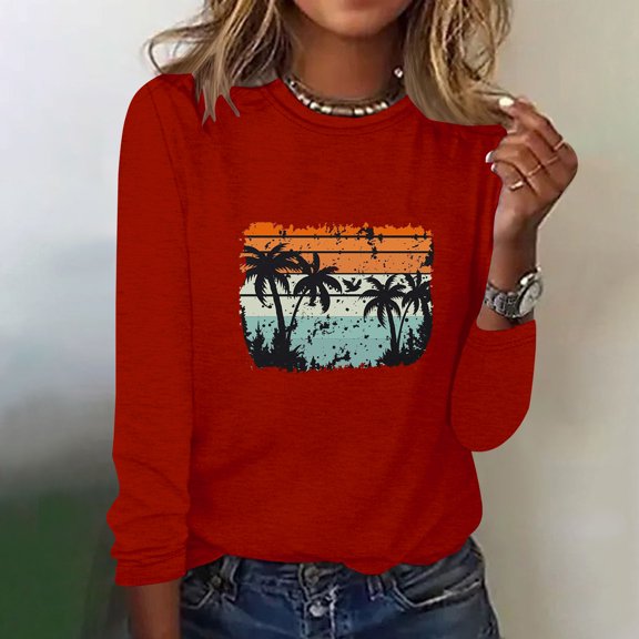 BEFOKA Womens Tops Casual Hawaiian Shirts Long Sleeve Ladies Tops 2025 Loose Fits Floral Tropics Print Blouse Crew Neck Basic Tops Fall Soft Pullover Going Out Top Fitted Clothing