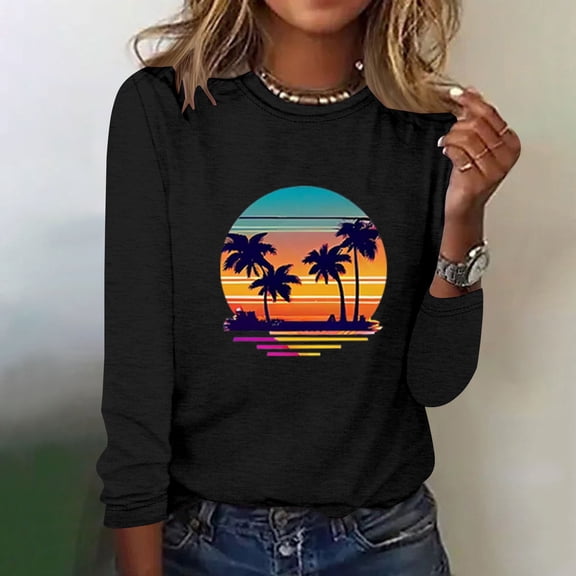 BEFOKA Womens Tops Casual Hawaiian Shirts Long Sleeve Ladies Tops 2025 Loose Fits Floral Tropics Print Blouse Crew Neck Basic Tops Fall Soft Pullover Going Out Top Fitted Clothing