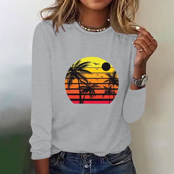 BEFOKA Womens Tops Casual Hawaiian Shirts Long Sleeve Ladies Tops 2025 Loose Fits Floral Tropics Print Blouse Crew Neck Basic Tops Fall Soft Pullover Going Out Top Fitted Clothing