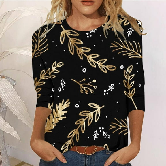 BEFOKA Womens Tops Floral Print Tshirts for Women Soft Tops 2025 Womens Basic Tops Fall Going Out Top 3/4 Long Sleeves Sweatshirt Trendy Clothes Fitted Tops S_XXL