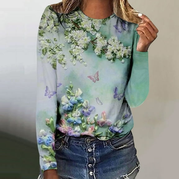 BEFOKA Womens Tops Floral Print Tshirts for Women Soft Tops 2025 Womens Basic Tops Fall Going Out Top Long Sleeves Sweatshirt Trendy Clothes Fitted Tops S_XXXL