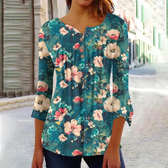 BEFOKA Womens Tops Long Sleeve Shirts for Women Fall Tops Dressy Casual Pleated Blouses Shirt Button V Neck Tunic Tops Floral Going Out Top Basic Tshirts for Women