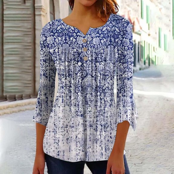 BEFOKA Womens Tops Long Sleeve Shirts for Women Fall Tops Dressy Casual Pleated Blouses Shirt Button V Neck Tunic Tops Floral Going Out Top Basic Tshirts for Women