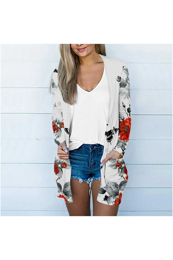 Womes Lightweight Maxi Longer Length Open-Front Long-Sleeve Sweater Floral Print Graphic Flowy Kimonoes Cardigans Summer Beach Cover Up Tops Going Out top Fall Loose Fits with Pocket 2025