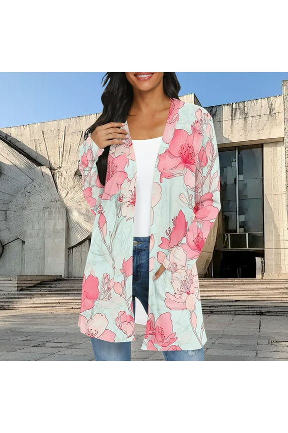 Womes Lightweight Maxi Longer Length Open-Front Long-Sleeve Sweater Floral Print Graphic Flowy Kimonoes Cardigans Summer Beach Cover Up Tops Going Out top Fall Loose Fits with Pocket 2025