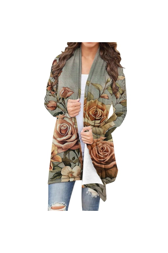 Womes Lightweight Maxi Longer Length Open-Front Long-Sleeve Sweater Floral Print Oversized Cardigans Mesh Graphic Flowy Kimonoes Cardigans Summer Beach Cover Up Tops Going Out top S_5X