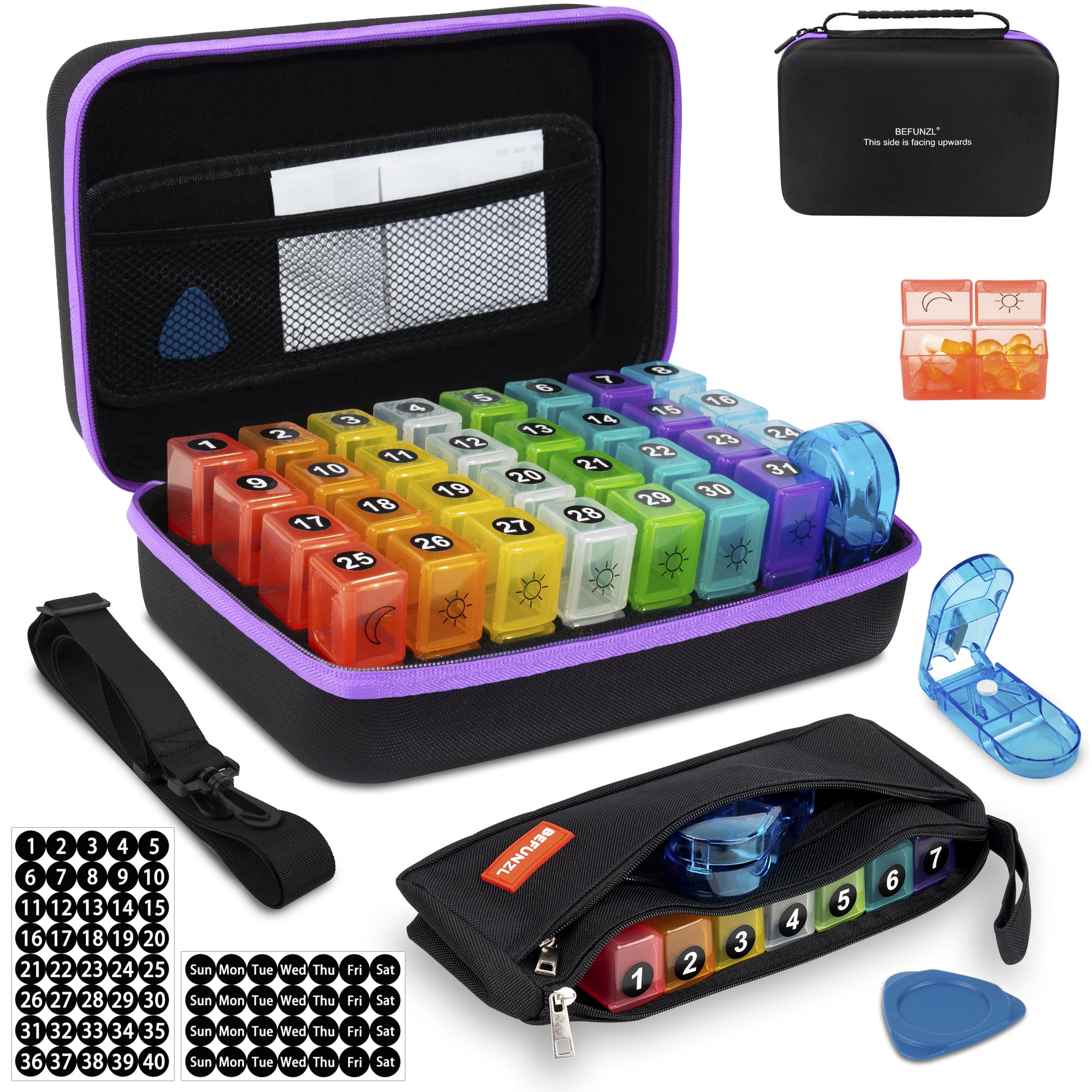 BEFUNZL Monthly Pill Organizer 2 Times a Day, Medicine Organizer Box with Portable Hard Shell and Pill Cutter, 31 Day Pill holder with Monthly and Weekly Sticker + Weekly Pill Bag 2 Times a Day