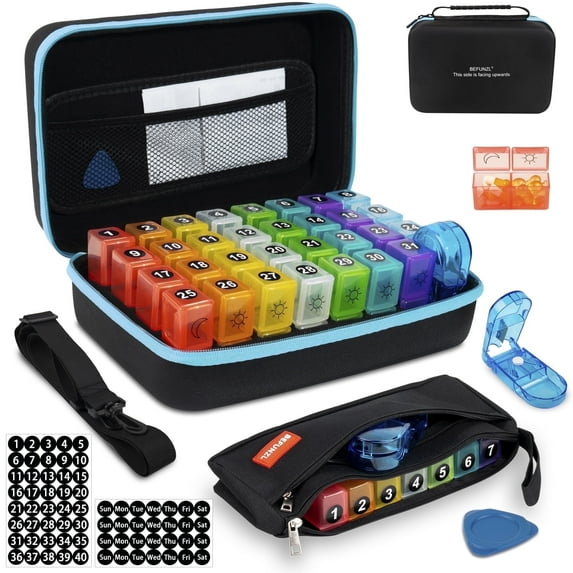 BEFUNZL Monthly Pill Organizer 2 Times a Day, Medicine Organizer Box with Portable Hard Shell and Pill Cutter, 31 Day Pill holder with Monthly and Weekly Sticker + Weekly Pill Bag 2 Times a Day