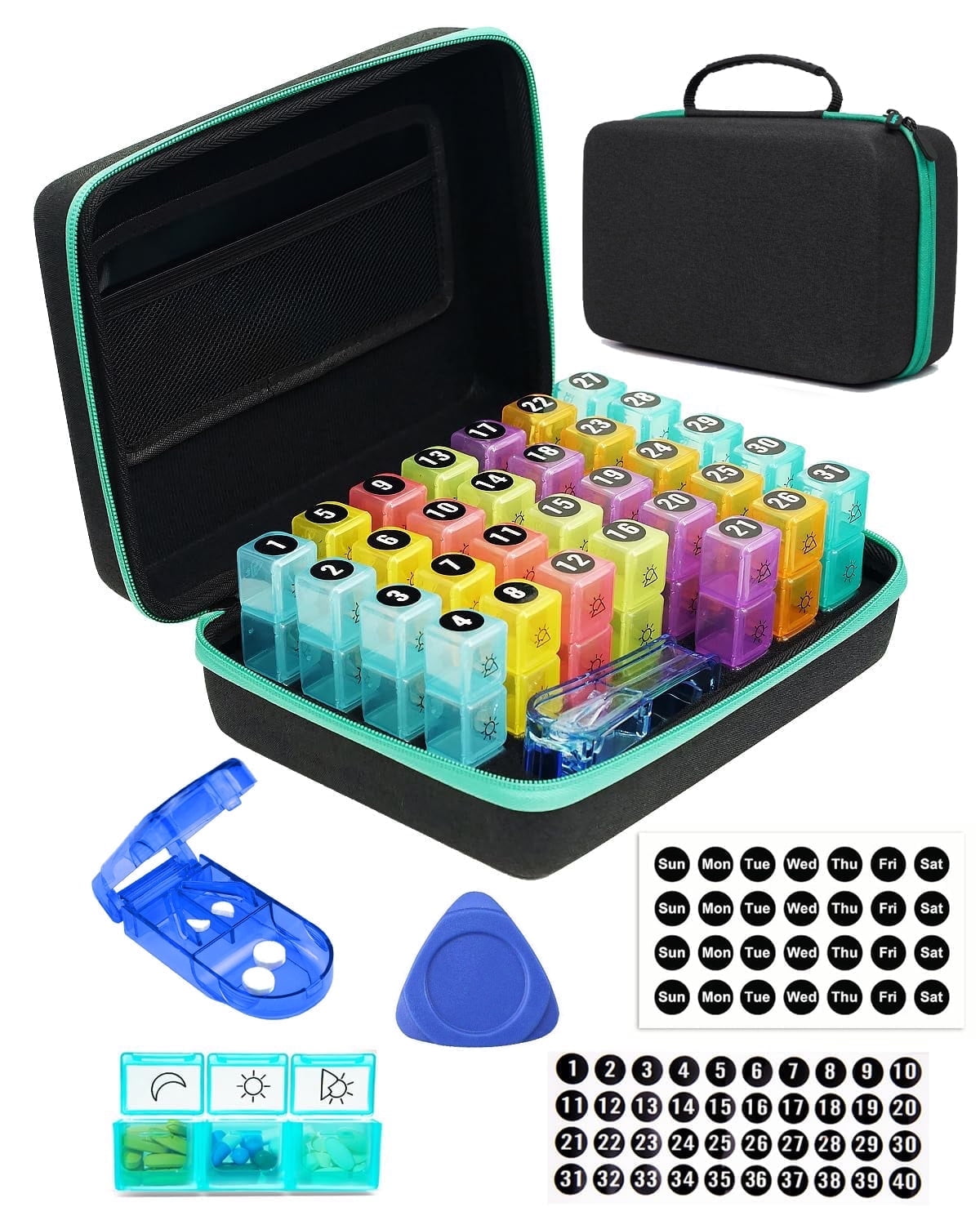 BEFUNZL Monthly Pill Organizer 3 Times a Days, Medicine Organizer Box with Portable Hard Shell and Pill Cutter, 31 Day Pill Box with Monthly and Weekly Sticker