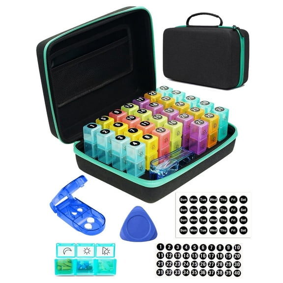 BEFUNZL Monthly Pill Organizer 3 Times a Days, Medicine Organizer Box with Portable Hard Shell and Pill Cutter, 31 Day Pill Box with Monthly and Weekly Sticker