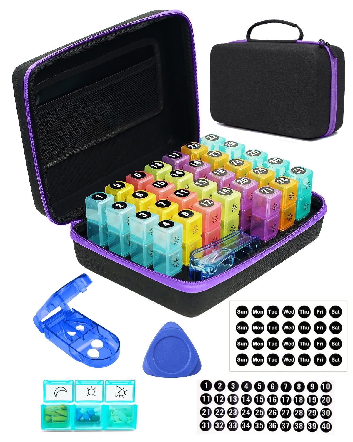 BEFUNZL Monthly Pill Organizer 3 Times a Days, Medicine Organizer Box with Portable Hard Shell and Pill Cutter, 31 Day Pill Box with Monthly and Weekly Sticker