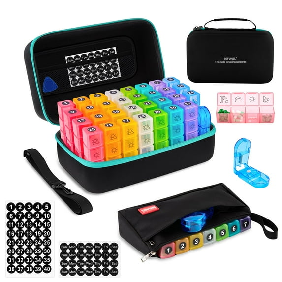 BEFUNZL Monthly Pill Organizer 4 Times a Day, Medicine Organizer Box with Portable Hard Shell and Pill Cutter, 31 Day Pill holder with Monthly and Weekly Sticker + Weekly Pill Bag 4 Times a Day