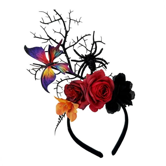 BEGHUAS Punk Theme Flower Branch Headbands with Realistic Spiders Halloween Hair Accessories for Adult Festival Headpiece