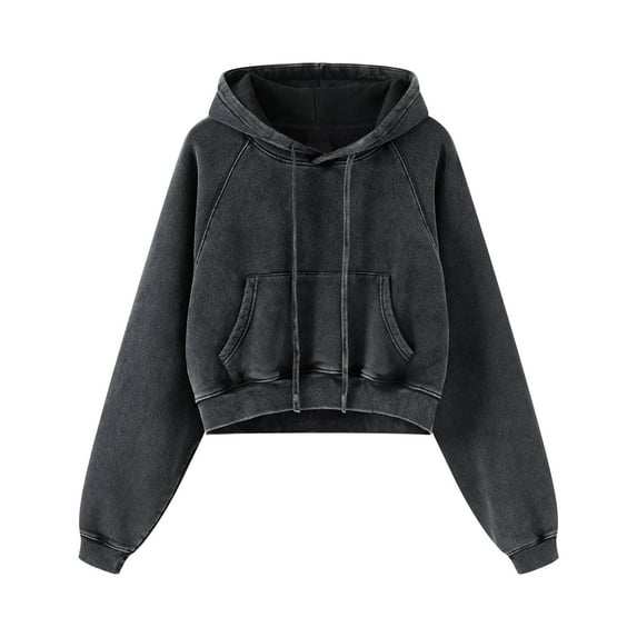 BEGOING Women's Long Sleeve Cropped Hoodies Casual Pullover Hooded Sweatshirts,Heavyweight Retro Washed Crop Tops Sweatshirt Drawstring Hooded Workout Shirts Solid Loose Fit Tee Shirt,Black S-XL
