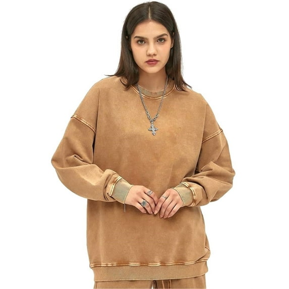 BEGOING Women's Plus Size Crewneck Sweatshirts Long Sleeve Midweight Casual Pullover Tops,All Gender Retro Washed Solid Color Sweatshirt Oversized Loose Fit Drop Shoulder Fashion Tee,Brown S-XL