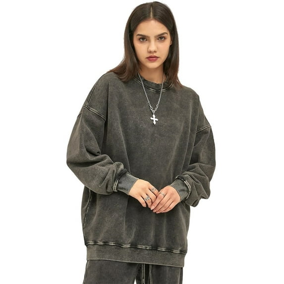 BEGOING Women's Plus Size Crewneck Sweatshirts Long Sleeve Midweight Casual Pullover Tops,All Gender Retro Washed Solid Color Sweatshirt Oversized Loose Fit Drop Shoulder Fashion Tee,Gray S-XL