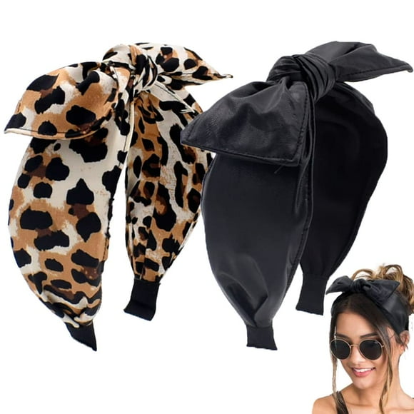 BEGOOD 2Pcs Bow Headbands for Women Leopard Print Headwear Fashion Leather Hair Bands for Girls