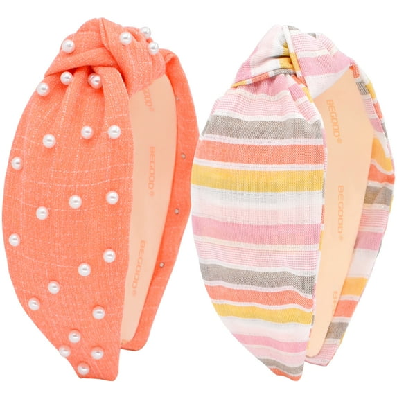 BEGOOD 2Pcs Pearl Knotted Headbands for Women Striped Wide Headwear Fashion Hairband Turban for Girl