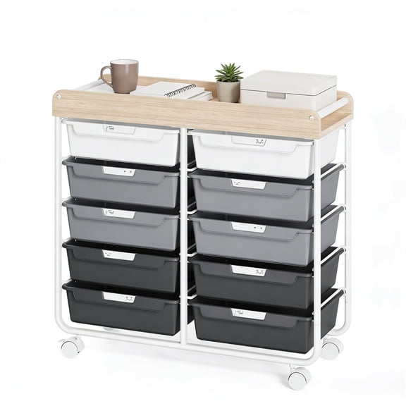 BEHERZT 10-Drawer Rolling Storage Cart with Wooden Tabletop, Large Capacity Utility Cart & Mobile Organizer for Craft Supplies, Art, Home Office, Classroom - Gray