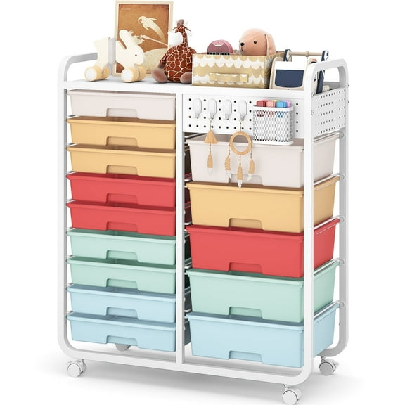 BEHERZT 14 Drawer Rolling Cart with Tabletop & DIY Pegboard, Storage Cart with Wheels, Organizers Utility Cart, Rainbow