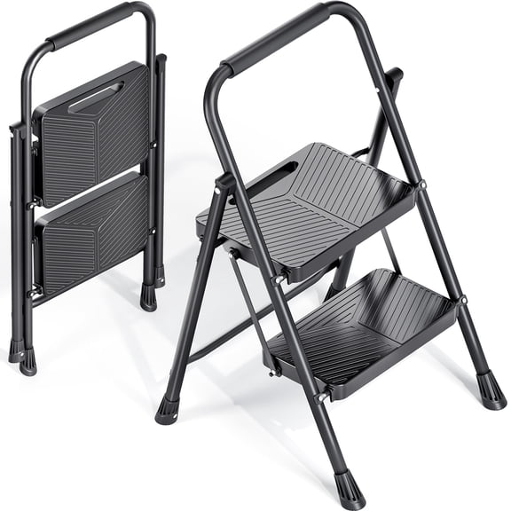 BEHERZT 2 Step Ladder, 500lbs Capacity Step Stool with Wide Pedal for Adults, Sturdy Folding Metal Ladder for Home, Black