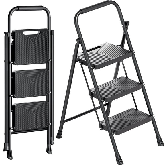BEHERZT 3 Step Ladder, 500lbs Capacity Step Stool with Wide Pedal for Adults, Sturdy Metal Ladder for Home, Black