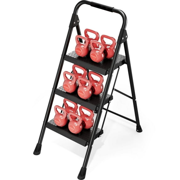 BEHERZT 3 Step Ladder, 800lbs Folding Step Stool with Anti-Slip Wide Pedals and Handrail, Metal Ladder for Home & Office, Black