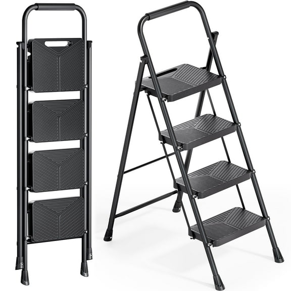 BEHERZT 4 Step Ladder, 500lbs Capacity Step Stool with Wide Pedal for Adults, Sturdy Portable Metal Ladder for Home & Office, Black