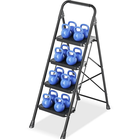 BEHERZT 4 Step Ladder, Sturdy Step Stool with Wide Pedals for Adults, 800lbs Capacity Metal Ladder for Home & Office, Black