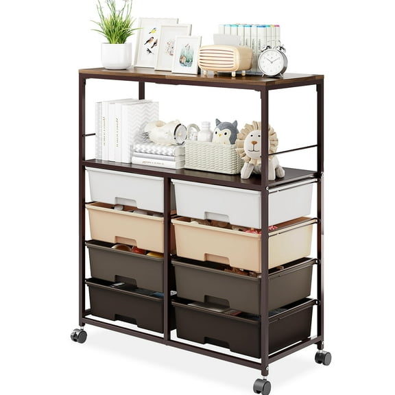 BEHERZT 8 Drawers Storage Cart with Wooden Top, Multipurpose Utility Rolling Cart with Opening Shelf&Wheels, Brown