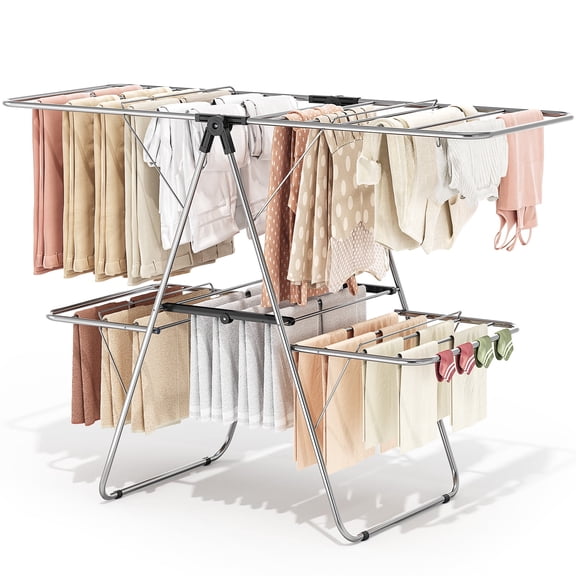 BEHERZT Clothes Drying Rack, 3-Tier Heavy Duty Stainless Steel Foldable Laundry Stand with Large Capacity High Hanger, Shoe Rack & Adjustable Wings, Indoor Outdoor Use - Black