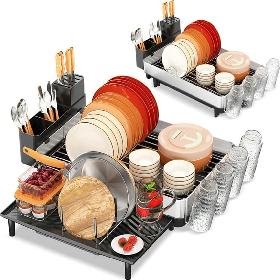 BEHERZT Expandable Dish Rack, Large Dish Drying Rack for Kitchen Counter, 304 Stainless Steel Foldable Dish Drainer Racks