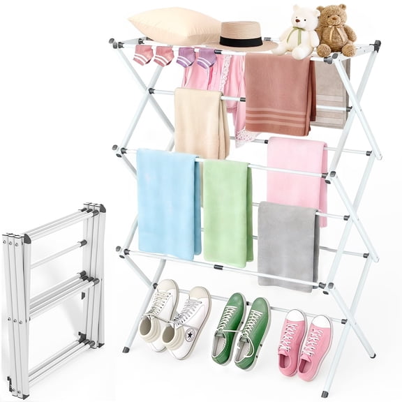 BEHERZT Foldable Clothes Drying Rack 3-Tier Laundry Drying Stand with 11 Rods, No Tools Assembly, Indoor Outdoor Use for Towels, Jeans, Delicates