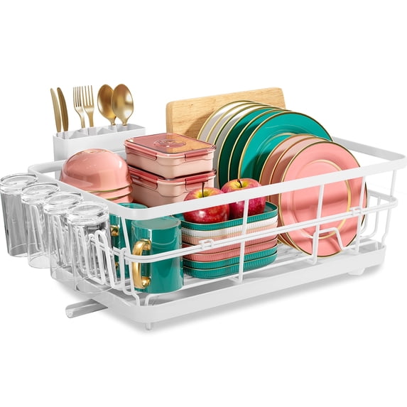 BEHERZT Large Dish Drying Racks with Drainboard,Countertop Dish Rack, Kitchen Sink Dish Rack, Stainless Steel, White