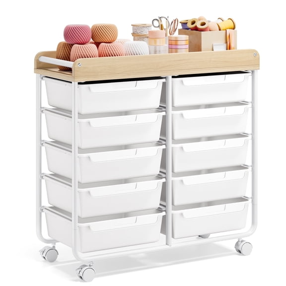 BEHERZT Rolling Storage Cart with 10 Large Drawers, Utility Cart with Wooden TableTop for Craft Organizers, White