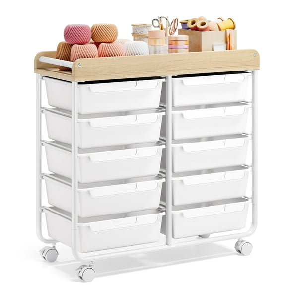 BEHERZT Rolling Storage Cart with 10 Large Drawers, Utility Cart with Wooden TableTop for Craft Organizers, White