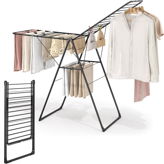 BEHERZT Space Saving Foldable Drying Rack: Adjustable Height, No Assembly Metal Stand for Apartment, Balcony & Outdoor, Black
