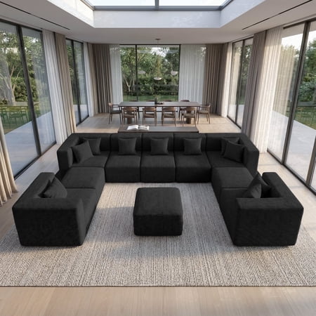 BEHOST 10-Piece Oversized Modular Sectional Sofa Set, 160" Mega U-Shaped Cloud Couch with Ottomans, Luxury Chenille Fabric Theater Seating, Extra Deep Seat Living Room Furniture, Chenille Black