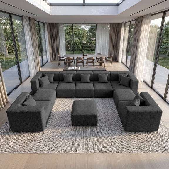 BEHOST 10-Piece Oversized Modular Sectional Sofa Set, 160" Mega U-Shaped Boneless Cloud Couch with Ottomans, Luxury Chenille Fabric Theater Seating, Extra Deep Seat for Living Room, Dark Gray