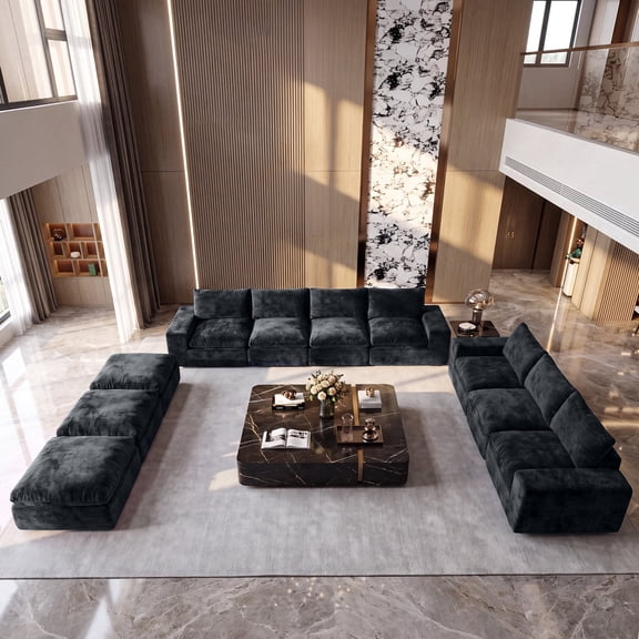 BEHOST 10-Piece Oversize U-Shaped Modular Sectional Sofa, Velvet Cloud Sleeper Couch 3 Movable Ottomans, Oversized Deep Seat Living Room Furniture Set,Dark Gray