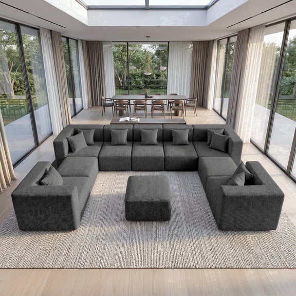 BEHOST 10-Piece Oversized Modular Sectional Sofa Set, 160" Mega U-Shaped Boneless Cloud Couch with Ottomans, Luxury Chenille Fabric Theater Seating, Extra Deep Seat for Living Room, Dark Gray