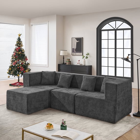 BEHOST 102.5" L Shaped Sectional Couches for Living Room, Chenille Cloud Sofa with Ottoman and 4 Pillows, Dark Gray