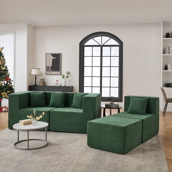 BEHOST 102.5" Modular Sectional Sofa for Living Room, L Shaped Cloud Couch with Ottomans and 4 Pillows, Forest Green