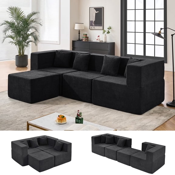 BEHOST 102.5" L Shaped Cloud Couch with 4 Pillows, Modular Sectional Sofa for Small Living Room Apartment, Black