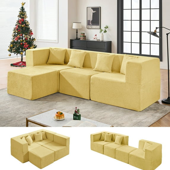 BEHOST 102.5" Flexible Combination Sectional Sofa, Boneless Cloud Couch for Small Living Room, Sunshine Yellow