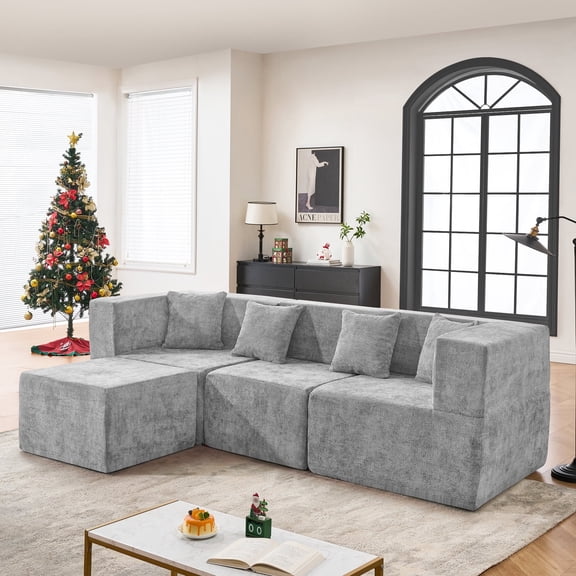 BEHOST 102.5" L-Shaped Modular Sectional Sofa, 4-Piece Chenille Cloud Couch with Extra Deep Seatst, Pet-Friendly Boneless Sofa for Living Room & Apartment, Chenille Light Gray