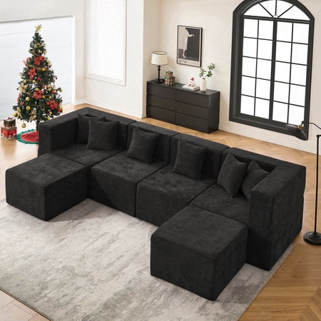 BEHOST 130" U-Shaped Modular Sectional Sofa, 6-Piece Cloud Couch with 2 Movable Ottomans, Extra Deep Seat Chenille Sleeper Sofa, Flexible Oversized Modern Sofa Set for Living Room, Chenille Black
